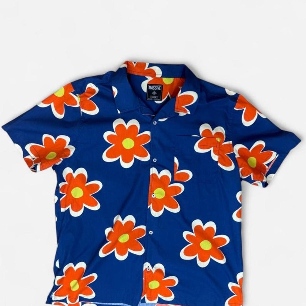 Massive Floral Print Short Sleeve Button Up Shirt Blue Orange Mens XL